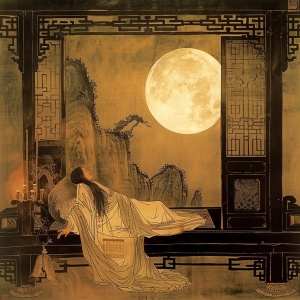 根据古诗床前明月光，描述一幅画，有月亮，有床，有诗人
