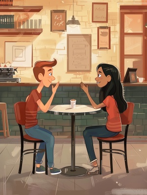 卡通插画,画面中有2个学生，其中一个学生是男生棕色头发，一个学生是女生长黑头发，两个人面对面坐在圆桌旁，桌子上是空的，其中一个人向对方微笑着挥手打招呼，背景是在真实的德国街边咖啡厅，需要显示咖啡厅德语名