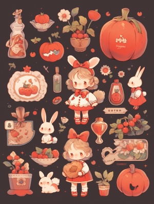lollipop, strawberry, Alice in Wonderland, playing cards, water bottle,pumpkin pants, little girl, cute face, freckles, flat illustration, Peter Rabbit style, goo card stickers, handbook, Japanese stickers, flat illustration, clean background, sticker outline , line draft, multiple accessories,animation style, full body, acgc, fine brushwork, disassem bly drawing, disassembly design , details , 8k hd, industrial design, white background , white ambient light, studio lighting,