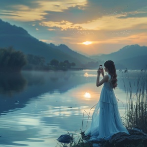 中国女孩，穿着淡蓝色连衣裙，在湖边拍照，天上有晚霞