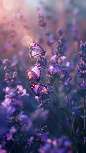 梦幻清晨的粉紫色蝴蝶与紫花