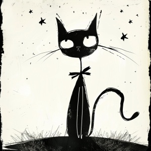 黑白简笔画黑猫带蝴蝶结和星星