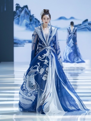 清冷蓝色连衣裙，现代时尚与经典元素的完美结合