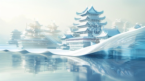 An unfurled scroll of ancient Chinese rice paper,made of glass,Chinese-chic style,floating cities,disorganized Spaces,Classical architecture,light blue,C4D,OC renderer,fantastic,antique and futuristic,3D antique,large white space,shift axis photography,backlight,volume light self-lighting,stage light,clean background,3 D style,science fiction