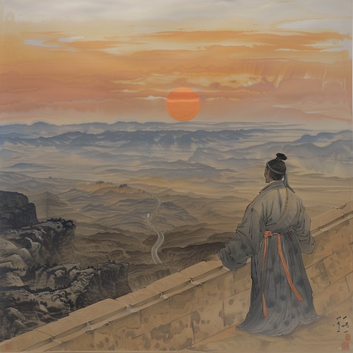 一个中国唐朝的诗人，站在西北大漠的城墙上，看落日余晖，国风