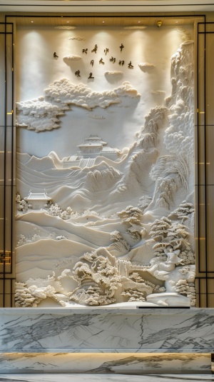酒店大厅内 墙面上 一副巨大浮雕壁画 传统风景 写实