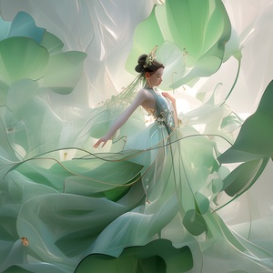 ly light , a huge lotus leaf , rich surreal detail , elegant giri , delicate face , an purglass figure , cyan Hanfu , dynamic hair , dancing pose , cyan - green gradient pund , surround Smoke , minimalist style ,3d renderer , Dream scene , ight , back light , surreal , ultra - fealistic photo , ultra - high definition ,16k, tng photo