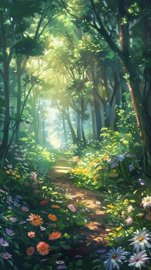 夏天，阳光照在深林里，深林开满鲜花