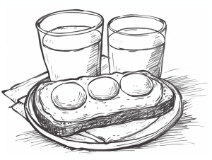 面包片上放着温泉蛋，旁边放着一杯牛奶。简单，黑白线条，简笔画。