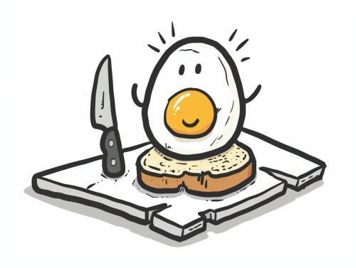 面包片上放着温泉蛋，旁边放着一把餐刀。简单，黑白线条，简笔画。