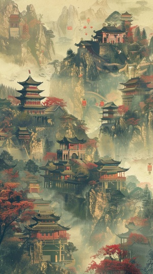 生成一张海报 背景是一张画卷展开，上面有许多中国的古建筑和山水