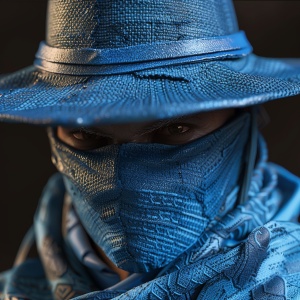 蒙面刺客，蓝色的斗笠，蓝色的面巾