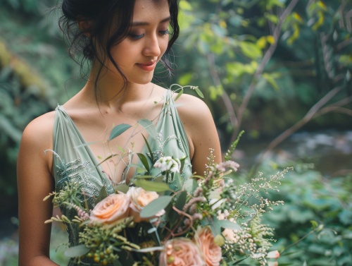 亚洲人，一位新娘穿着鼠尾草绿伴娘服，开心，婚礼现场背景，真人，户外，摄影，灯光