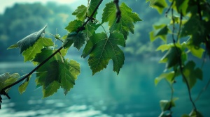 一株绿叶的藤蔓植物，悬挂在画面的上方，背景为虚化的湖水。4K 画质