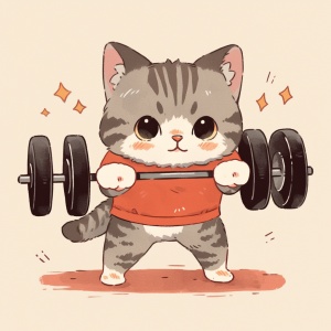 一只小猫，穿着健身背心，在举哑铃