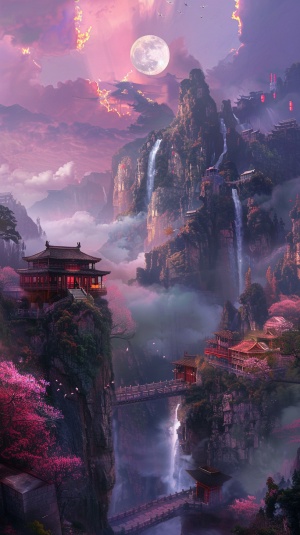 中国一幅史诗大场景，云山雾绕的，云海，明月，高山流水粉色云，瀑布溪流，犹如仙境，中国式寺庙楼阁，石桥连接，实景拍摄，超广角
