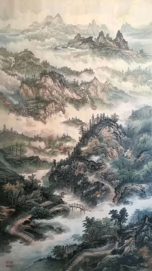 中国山水画，画面中有高耸的青山，山势雄伟，云雾缭绕。山下有一条清澈的江河，河水蜿蜒流淌，仿佛在歌唱，画中还有一座古老的桥梁，连接着两岸，给人一种连接过去与现在的感觉，远处有几片小村落，平静宁谧。整幅画以素雅的笔墨勾勒出宏伟壮丽的山水景观，传递着大自然的神奇与宁静，8k，顶级品质。