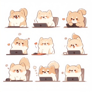 可爱狗狗电脑姿势与表情插图：极简线条艺术