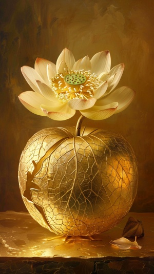 画一个透明的金色大苹果里面有一朵莲花，金色背景