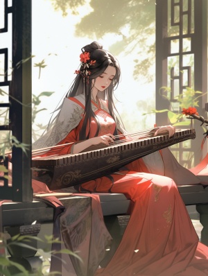 古代美女，坐在亭子里面，谈着中国传统古筝，画面优美。