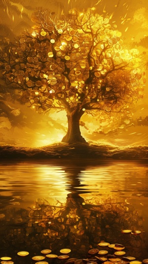 画一颗大大的发财树上面挂满了金币，倒影在河水里金色背景
