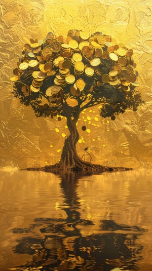 画一颗大大的发财树上面挂满了金币，倒影在河水里金色背景