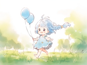 穿着蓝色裙子的可爱小女孩，手拿气球，快乐的在草地上奔跑，清新画报风