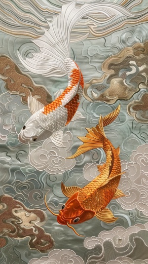 Chinese flat embroidery, flat decorative art, flat decorative painting, two gold and white carp, Chinese totem, smart, atmospheric,ray tracing, UHD, anatomically correct, ccurate, super detail, high details, best quality, award winning, 16k ar 3:4