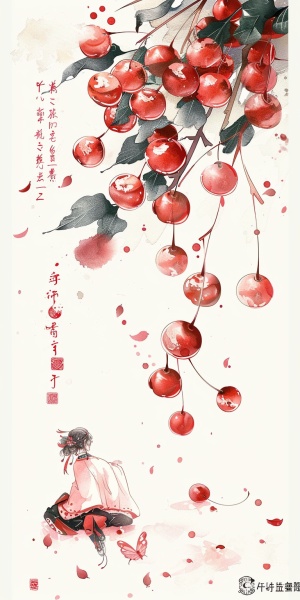 古韵留白,星汉灿烂,宋徽宗,新工笔,玻璃糖纸，又红又圆的的红樱桃，Q版卡通拟人中国龙，蝴蝶，地面上有几个樱桃