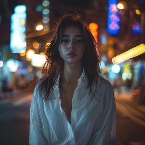 一个女孩，性感，苗条身材，白色衬衫，街道，夜晚，城市景观，城市灯光，全身，特写，8k，最佳质量，杰作，真实的