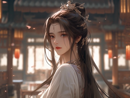 中国古代风格，一个美丽的女人，，淡定的表情，站在热闹的宫殿，背景皇宫大殿建筑，背景古代皇宫宫殿木质房间，，黑发,长发，，,看向镜头,精致五官,,高清画质