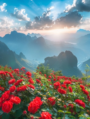 美丽的桂林山水鲜花盛开，无数朵红玫瑰生长在美丽的山顶上，蓝天白云，阳光，超广角，视觉，光影艺术，超细节，真正的柔和光线，景深，活力，日落，辉煌的光线，超高清，8k超美丽的4k高清，8k高清。