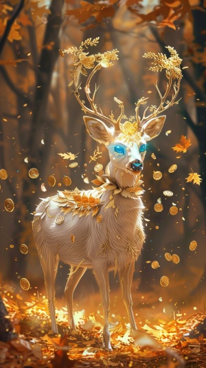 图片描绘了一只充满想象力的、装饰着金色元素和蓝色眼球的白色鹿，站在一个秋日树林中。鹿头上装饰有精致的黄金，而它似乎是周围飘落的金色树叶的焦点。鹿的蓝色眼睛与整个场景形成鲜明对比。在鹿的前面和周围散落着许多金币，进一步强调了场景中的富丽堂皇。背景中树木的颜色较深，突出了鹿和金币的亮度。总体而言，该图像传达出一种神奇、宁静和如画般的美感。