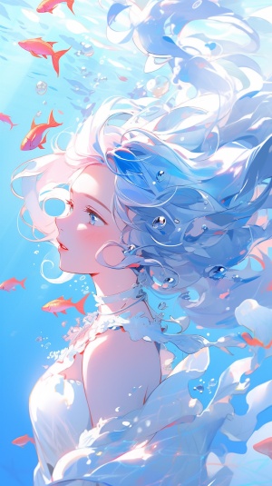 在一片蓝蓝的海面上，有一块巨大的礁石，礁石上坐着一位人鱼公主，公主有蓝色的头发，白皙的皮肤，粉嫩的嘴唇。周围有小鱼不时的跳出水面，天上蓝天白云，光线很好。