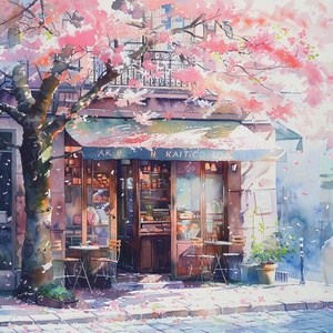 In the style of watercolor painting, there is a coffee shop in the style of Europeanarchitecture on the street. In front of the shop, there are several cherry trees in full bloom. The thick crown of the tree covers the top of the shop, and the petals fall with the wind.Warm sunshine.ar 3:4