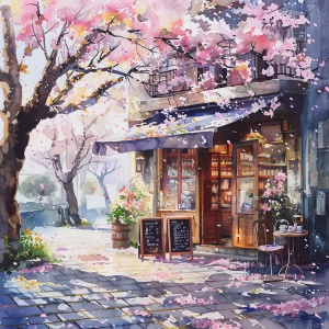 In the style of watercolor painting, there is a coffee shop in the style of Europeanarchitecture on the street. In front of the shop, there are several cherry trees in full bloom. The thick crown of the tree covers the top of the shop, and the petals fall with the wind.Warm sunshine.ar 3:4