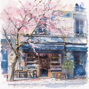 In the style of watercolor painting, there is a coffee shop in the style of Europeanarchitecture on the street. In front of the shop, there are several cherry trees in full bloom. The thick crown of the tree covers the top of the shop, and the petals fall with the wind.Warm sunshine.ar 3:4