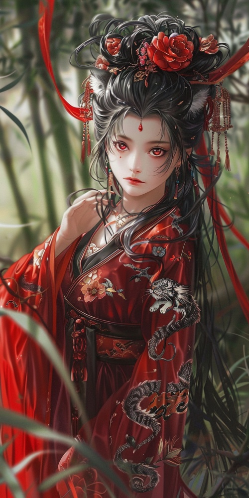 一个身穿红色衣服的女孩，红宝石般的眼睛，黑白挑染长发，有虎牙，汉服，古风，山水，绿野，碎花系衣服，病娇
