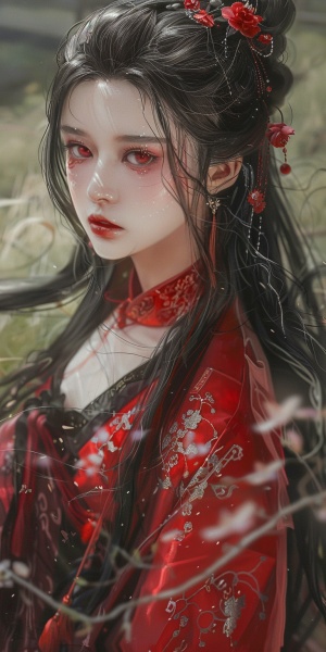 一个身穿红色衣服的女孩，红宝石般的眼睛，黑白挑染长发，有虎牙，汉服，古风，山水，绿野，碎花系衣服，病娇