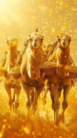 金色肥肥大大骆驼在金色草地上飞奔，金色的骆驼上两边上背着两筐金元宝