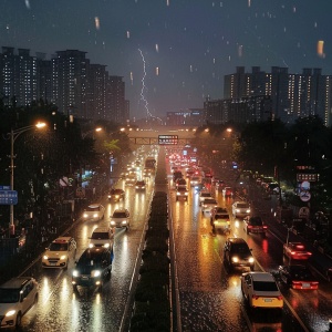 夜晚很黑,街道上下着大雨,中国城市中的一个交叉路口出现了交通拥堵。道路两旁有车辆慢慢行驶。汽车前灯照亮了他们部分逃离暴雨的道路。可以看到雨滴落在人行道上和道路上。用手机相机拍摄的一张照片展示了闪电照亮雨中的街道景观的真实场景。