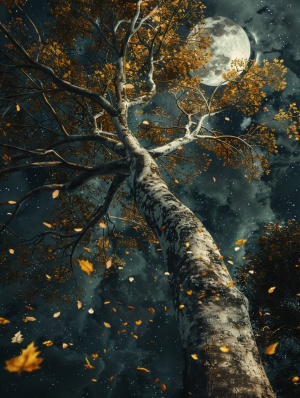 一株高大的梧桐树在月光下摇曳，几片黄叶缓缓飘落，伴随着风声，营造一个宁静而深沉的秋夜。
