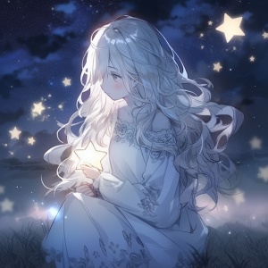 那是一个美妙的夜晚，银白色长发的小女孩穿着大号的睡衣，袖子长的手都遮住了，她抱着娃娃光脚站在草坪上仰望星空看见了漫天的星河