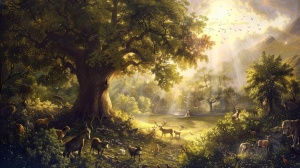 圣经里面的伊甸园的美景，里面有各种动物；各种的树木