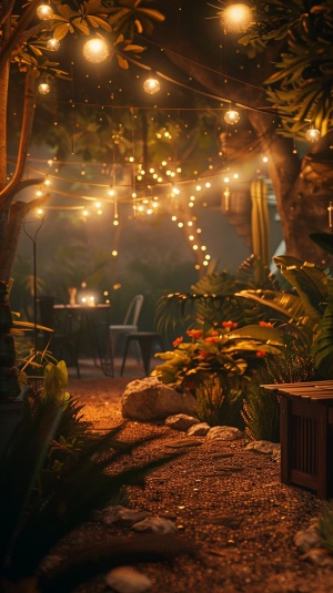 一场花园派对，奇妙的夜晚，梦幻的串灯，轻松的气氛，立灯，栩栩如生，圣光真实，俯瞰，产品摄影照片拍摄，温暖的光线，温暖的辉光，史诗，震撼。非常详细，电影照明，8K，高清 v 3