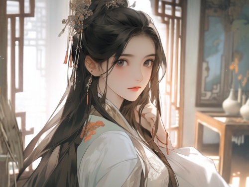 一个年轻漂亮的女人，乌黑大眼睛，黑色长发马尾，精美发簪，古代女子发饰，穿着浅色华丽的汉服，站着，平静的表情，古代房间室内，中国古风风格，