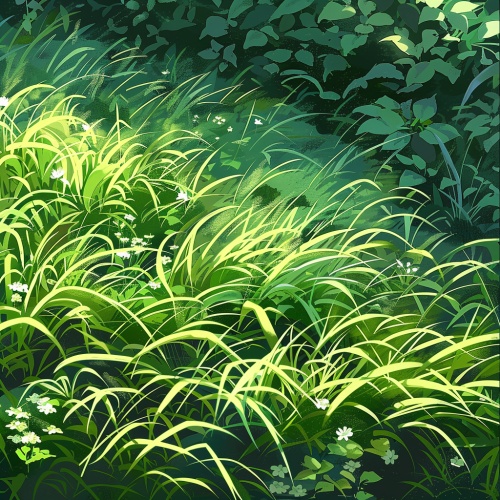 鲜绿的青草清晨沐浴在晨光中，细嫩的嫩叶随风轻摆，隐约透露着清新的气息。青草丛中，细密的草叶如绒毛般柔软，勾勒出一片绿色的海洋。温暖的阳光穿过层层叶片，投下斑驳的光影，仿佛隔着时间与空间，令人陶醉其中。在这片青草丛中，微小的花朵点缀其中，它们绽放着各自的色彩，为整个画面注入了一抹绚丽的色彩。无边无际的青草地，让人仿若置身于自然的怀抱中，尽情感受大自然的美妙与宁静。