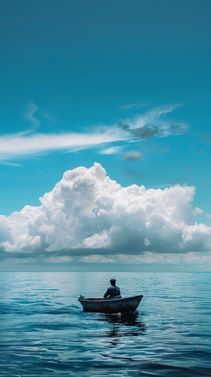 一半画面一个男人骑着摩托艇在海面，画面一半，天空蓝天白云