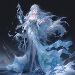 冰神具有绝美之姿，身姿曼妙，容貌宛如仙子下凡，气质高贵而优雅。她哀怨之情溢于言表，忧愁之中仍不失其独特魅力。她手中持有冰之法杖，长发如瀑般自然垂落，双眼呈深邃蓝色。她的服饰以白色和蓝色为主色调的长袍为主，展现着纯净与高雅的完美结合。