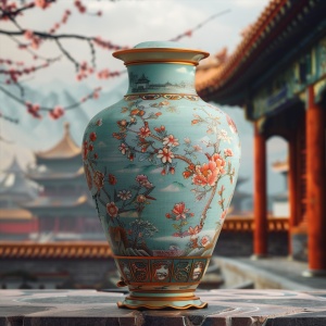 画面居中是丝绸上的中国陶瓷手绘古董花瓶，大尺寸、逼真。背景是中国古代园林建筑